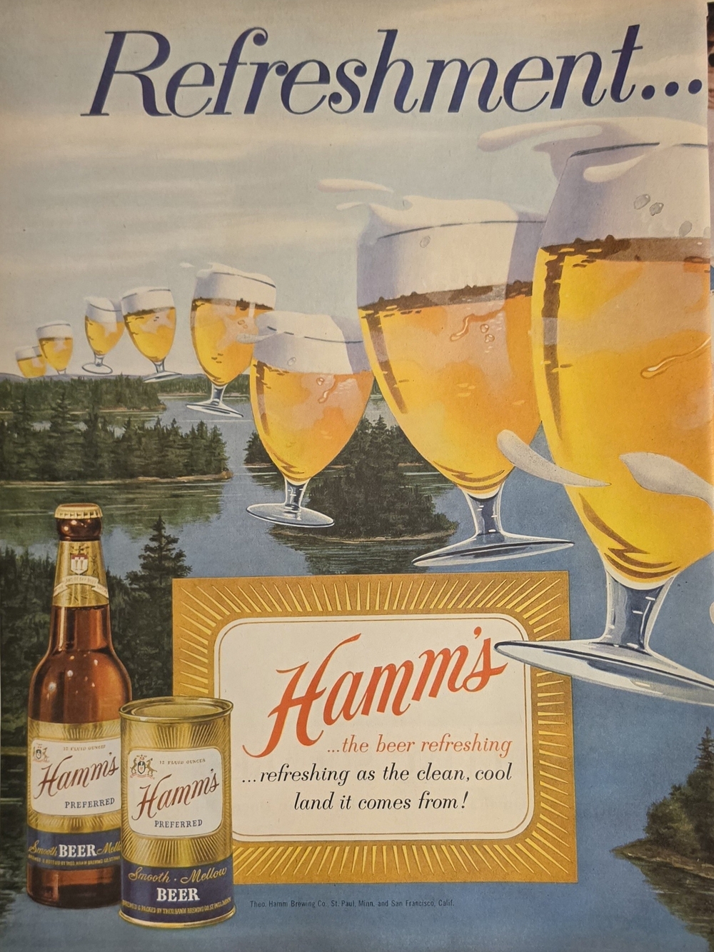 Hamm's Refreshment Vintage-Style Yellow Poster